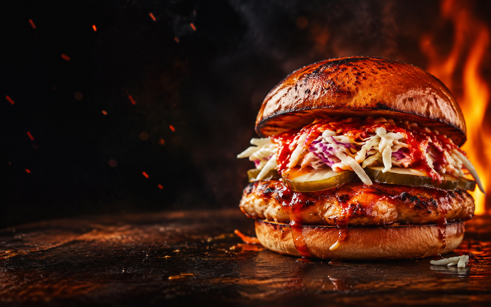 Flame-grilled chicken burger with slaw, pickles and sauce